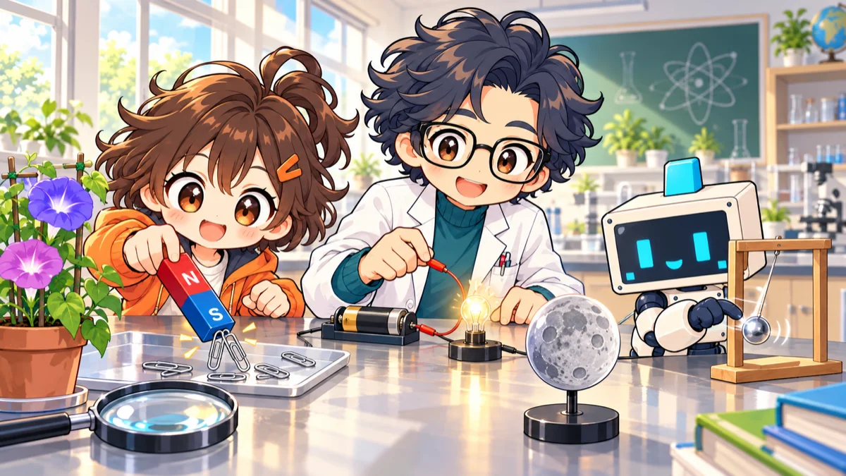 理科室で、ハルがじしゃくをクリップに近づけ、はかせが豆電球を光らせ、ピコがふりこをつついている絵